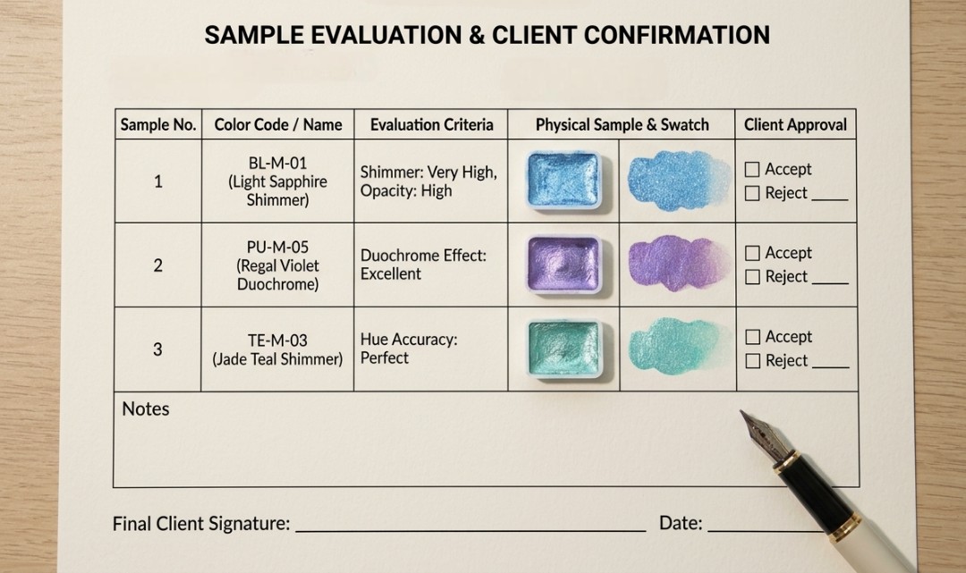 Watercolor swatches next to an approved golden sample packaging prototype