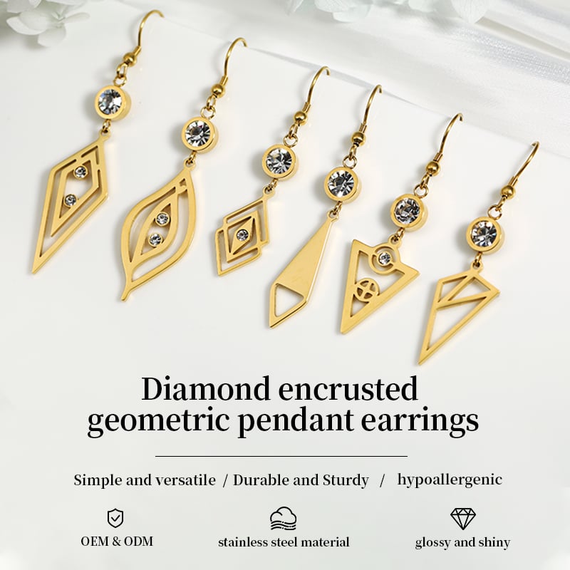 Diamond Geometric Pendant Earrings – Stainless Steel with Sparkling Zircon Inlay