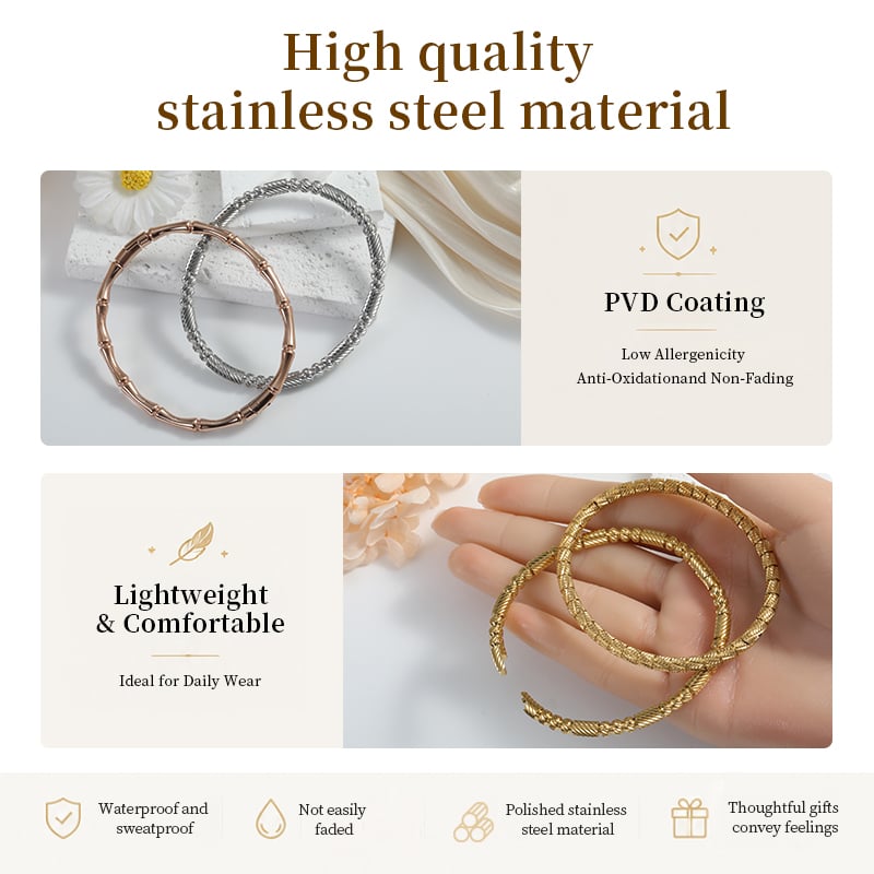 Stainless Steel Bangle Bracelet – 5 Waterdrop Bamboo Styles, Gold Rose Gold & Steel