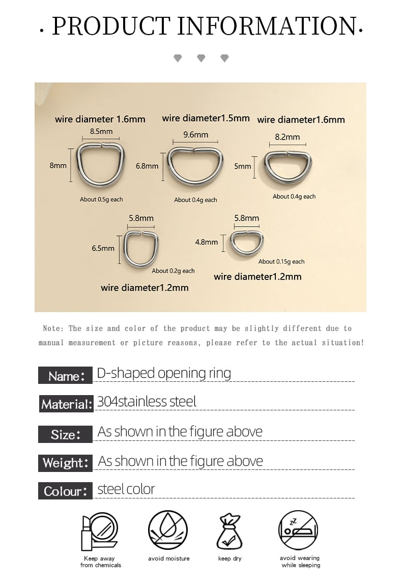 Stainless steel D rings size chart 5 sizes with weight.jpg