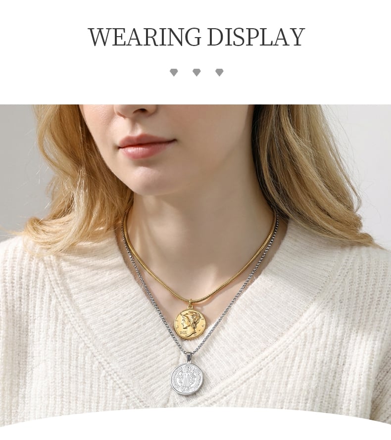 Woman wearing layered stainless steel coin pendant necklaces.jpg