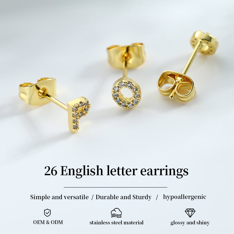 Copper Zircon Letter Stud Earrings – A-Z Initial Design in Gold Tone Intro