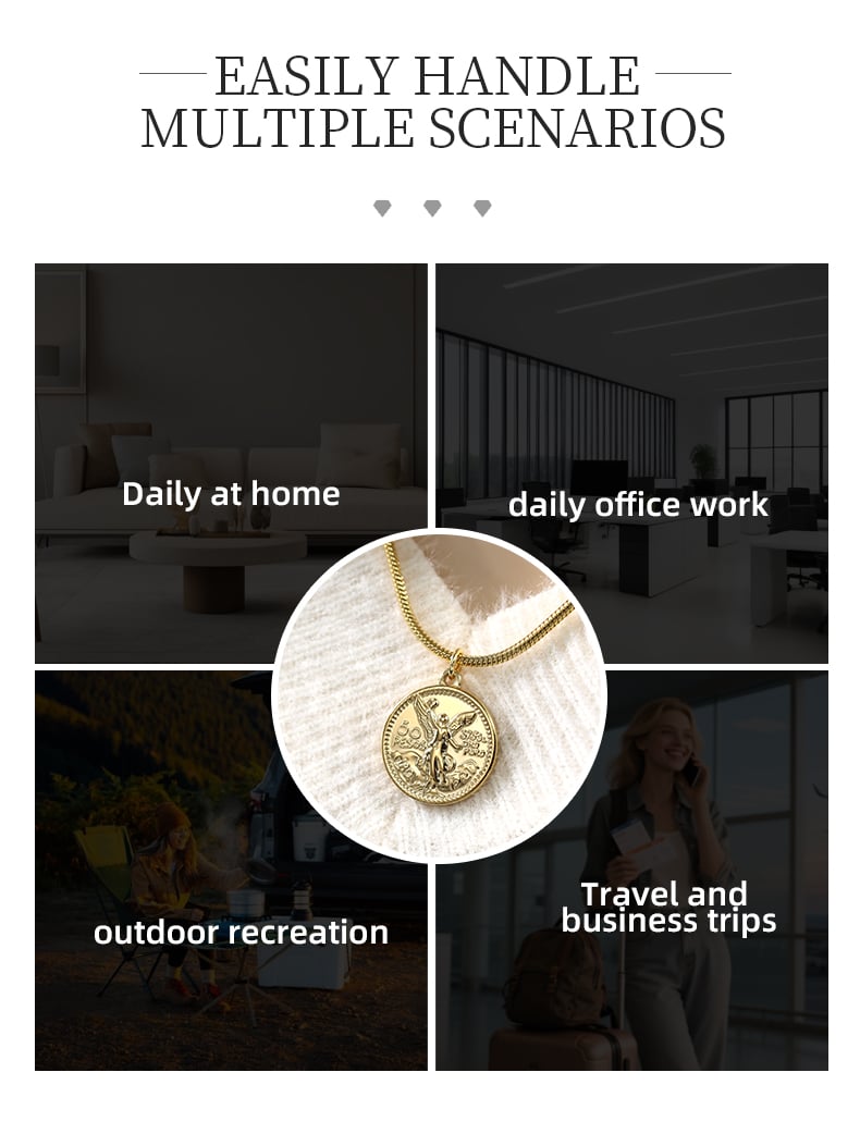 Coin pendant necklace worn in daily life, office and travel scenarios.jpg