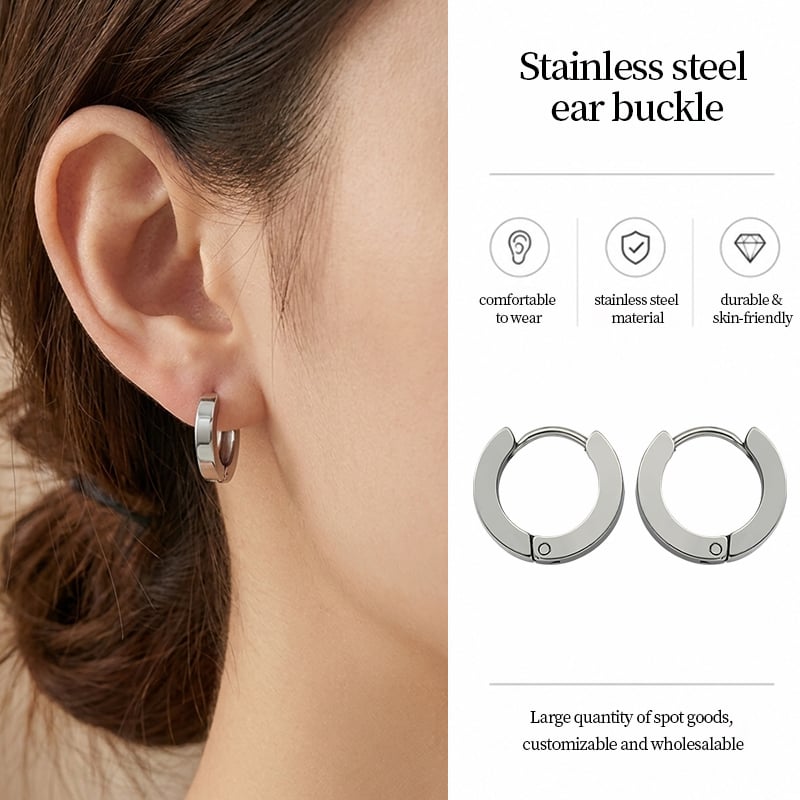 Stainless Steel Ear Buckle – Brushed Matte Hoop Earrings in Steel Color