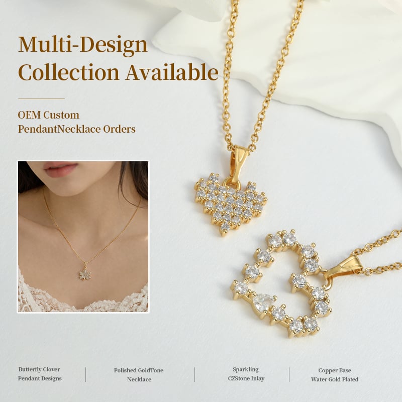 Gold Plated CZ Pendant Necklace – Butterfly & Clover Designs, OEM Wholesale