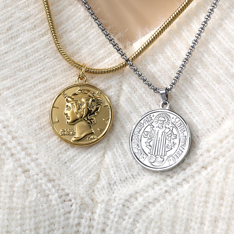 Vintage coin pendant necklace motifs collection in gold and steel.jpg