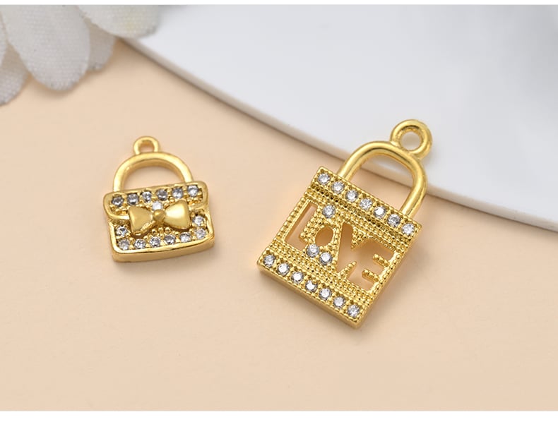 Gold plated CZ pendant charms handbag and love padlock designs.jpg