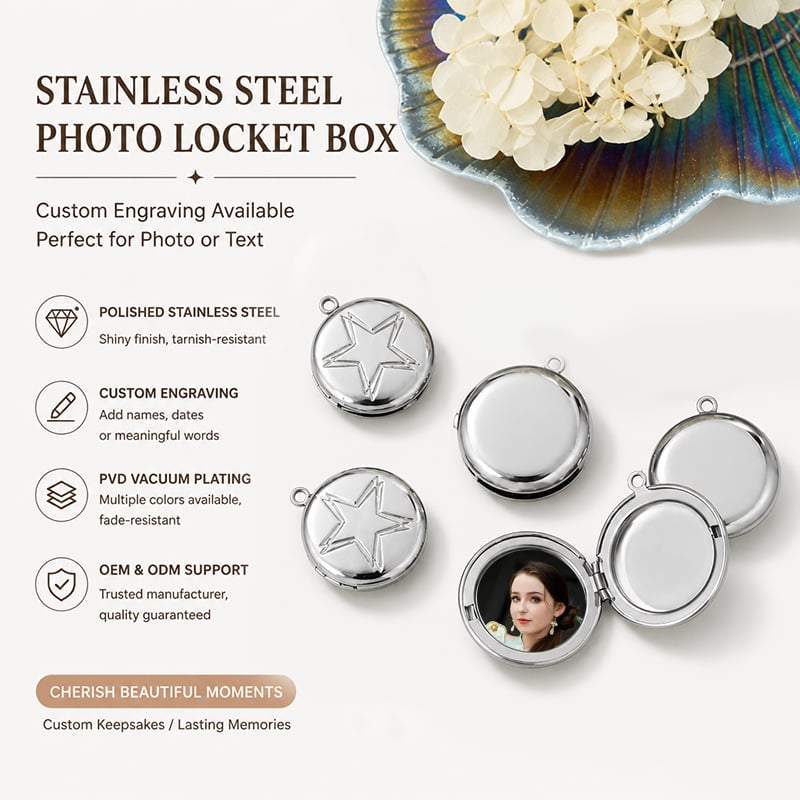 Stainless Steel Locket Pendant – Photo Holder, Star & Heart Designs