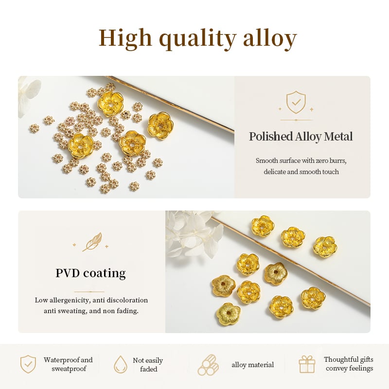 Alloy Flower Bead Caps – 3 Sizes, Gold & Light Gold