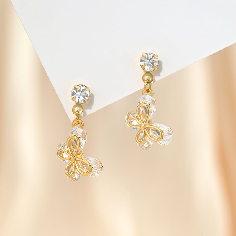 Butterfly wing CZ dangle stud earring 9x13mm in gold.jpg