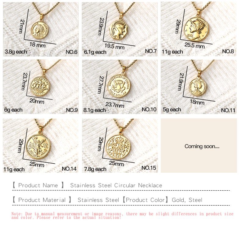 Stainless steel coin pendant necklace styles collection, gold and steel finish.jpg