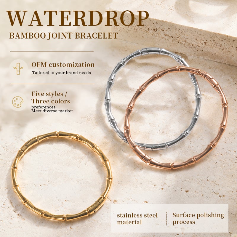 Stainless Steel Bangle Bracelet – 5 Waterdrop Bamboo Styles, Gold Rose Gold & Steel