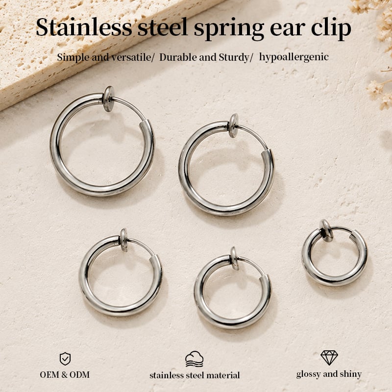 304 Stainless Steel Spring Clip On Hoop Earrings – Non Pierced Minimalist Design