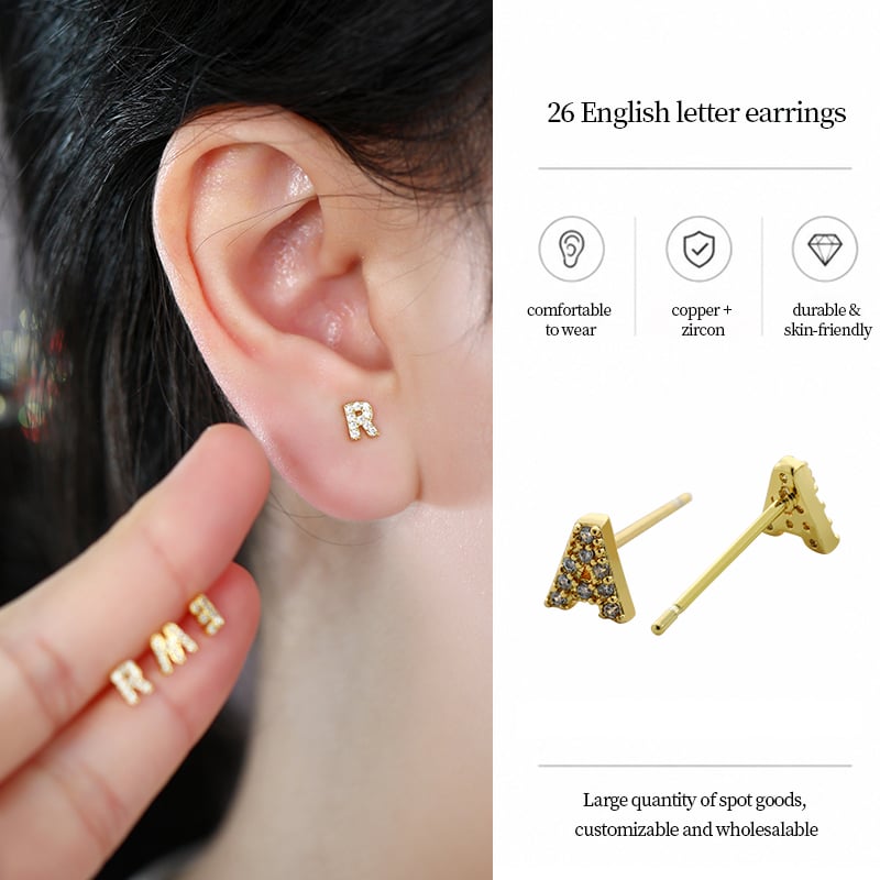Copper Zircon Letter Stud Earrings – A-Z Initial Design in Gold Tone Intro