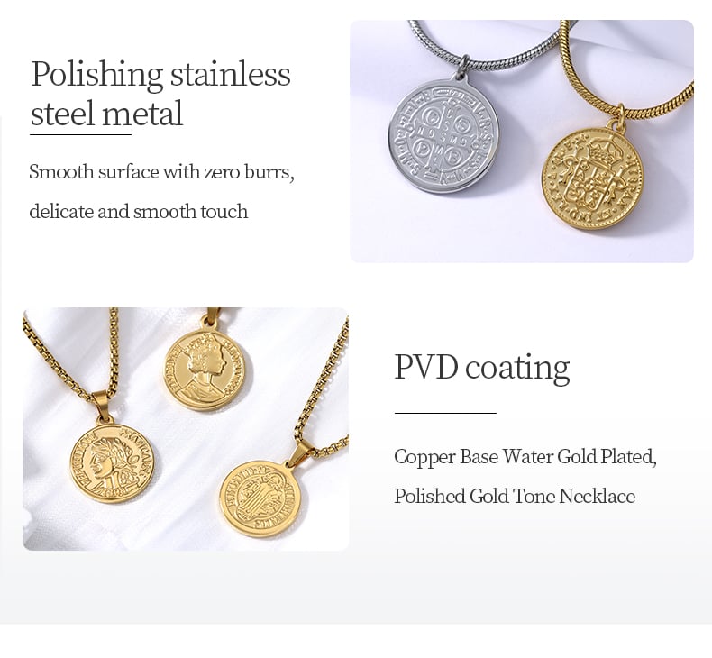 Polished stainless steel coin pendant necklace, smooth surface detail.jpg