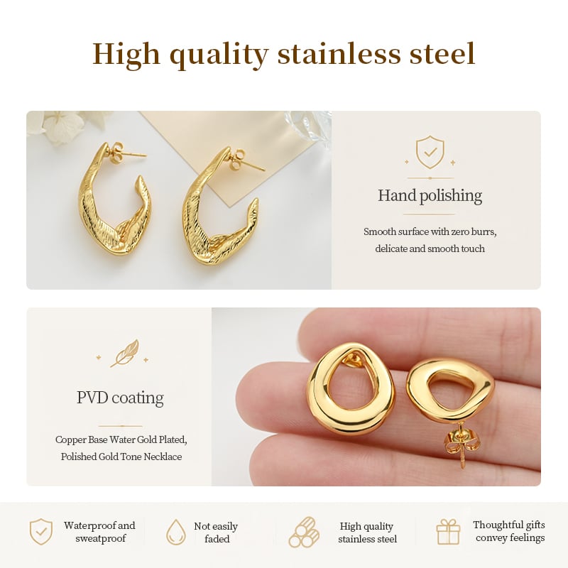 Stainless Steel Geometric Hollow Stud Earrings – Abstract Design in Gold Intro