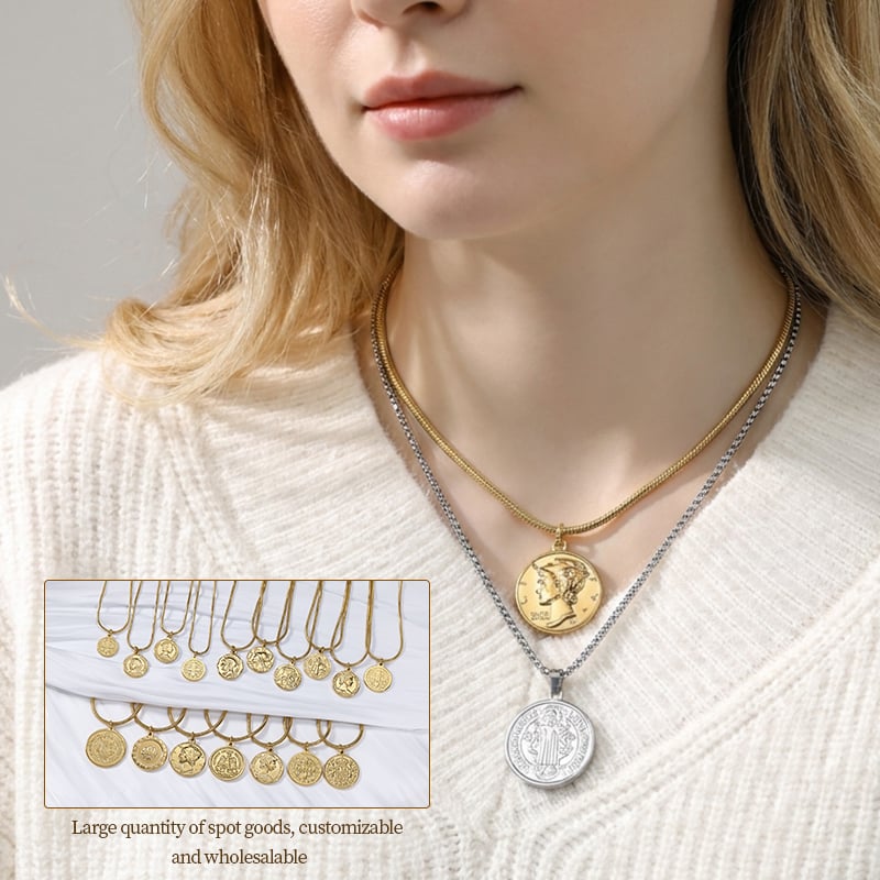 Stainless Steel Coin Pendant Necklace – Vintage Medallion Design, Factory Wholesale & OEM