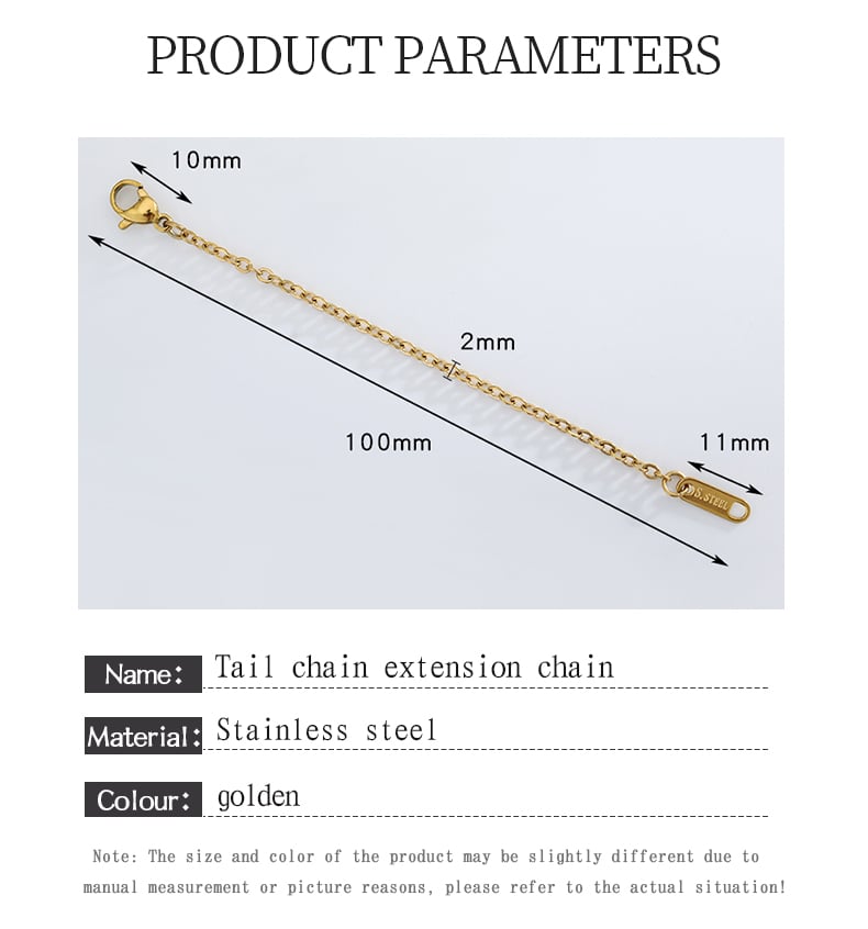 Gold tone extension chain size chart 100mm clasp 10mm tag 11mm.jpg
