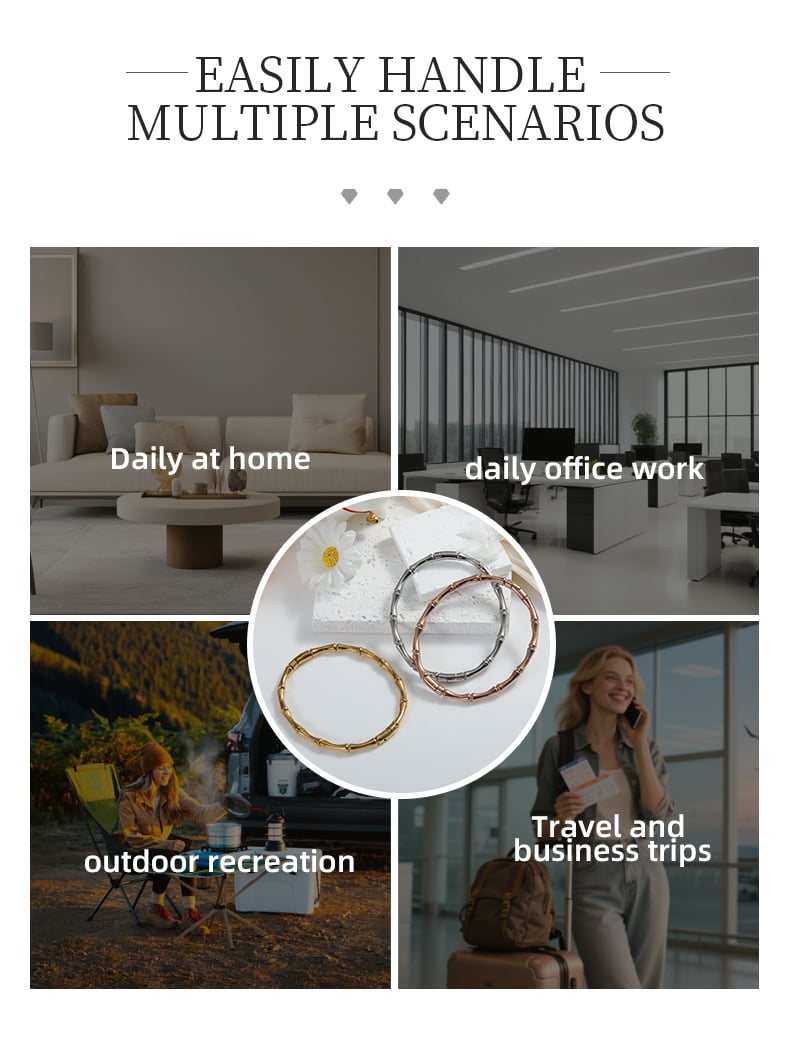 Stainless steel bangle bracelet worn in daily life, office and travel scenarios.jpg