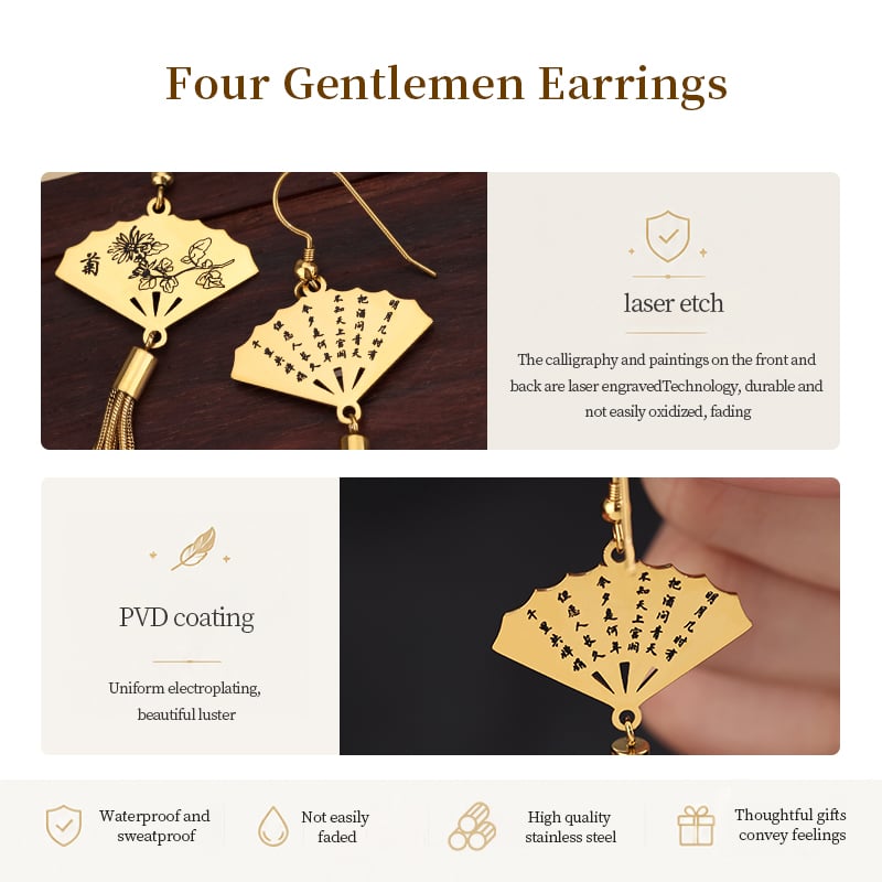 Four Gentlemen Earrings – Laser Etched Plum, Orchid, Bamboo & Chrysanthemum