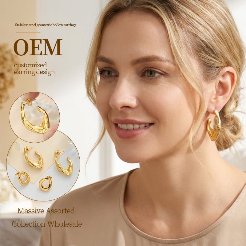 Stainless Steel Geometric Hollow Stud Earrings – Abstract Design in Gold Intro