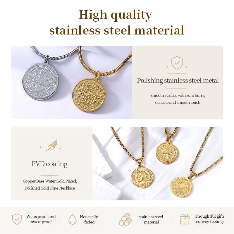 Stainless Steel Coin Pendant Necklace – Vintage Medallion Design, Factory Wholesale & OEM