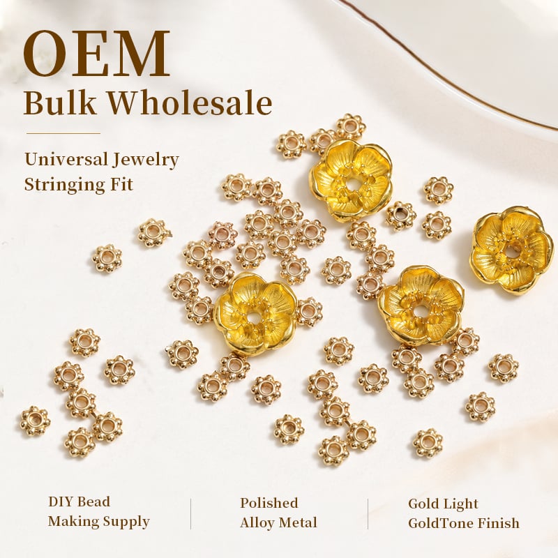 Alloy Flower Bead Caps – 3 Sizes, Gold & Light Gold