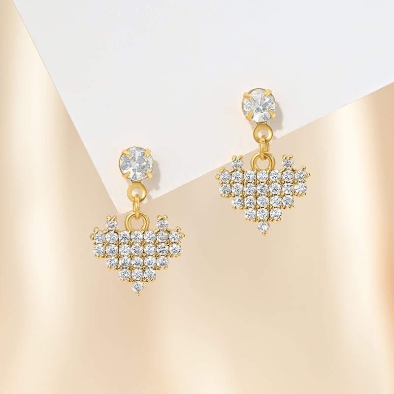 Heart motif CZ dangle stud earring 11x10mm in gold.jpg