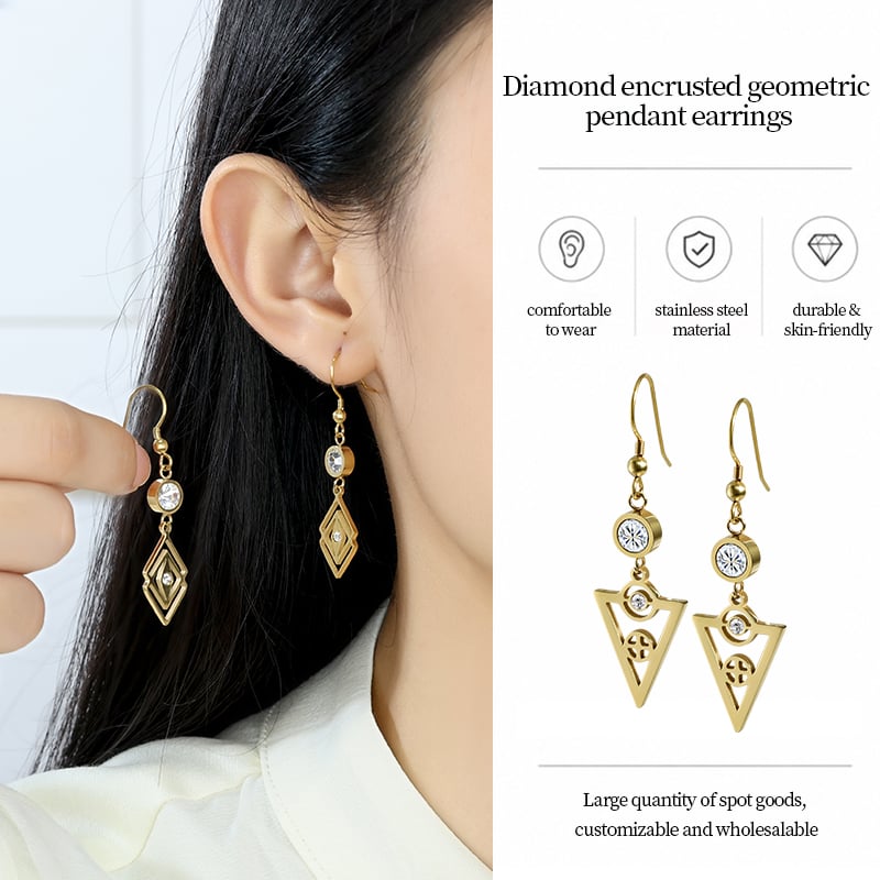 Diamond Geometric Pendant Earrings – Stainless Steel with Sparkling Zircon Inlay