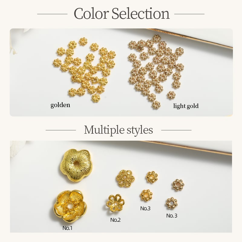 Alloy Flower Bead Caps – 3 Sizes, Gold & Light Gold