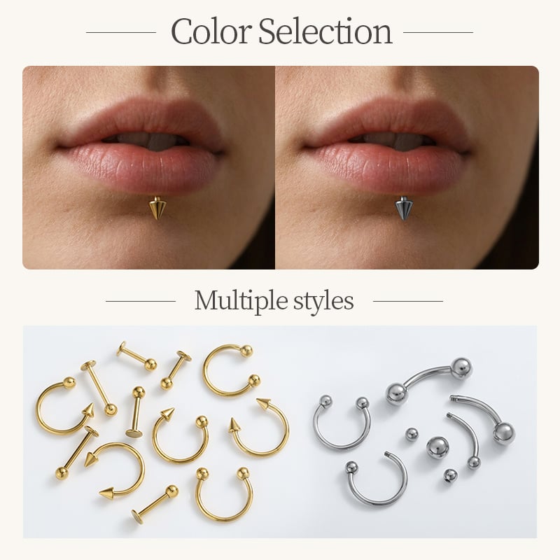 Stainless Steel Lip Jewelry – Labret Stud, Curved Barbell & Horseshoe Ring
