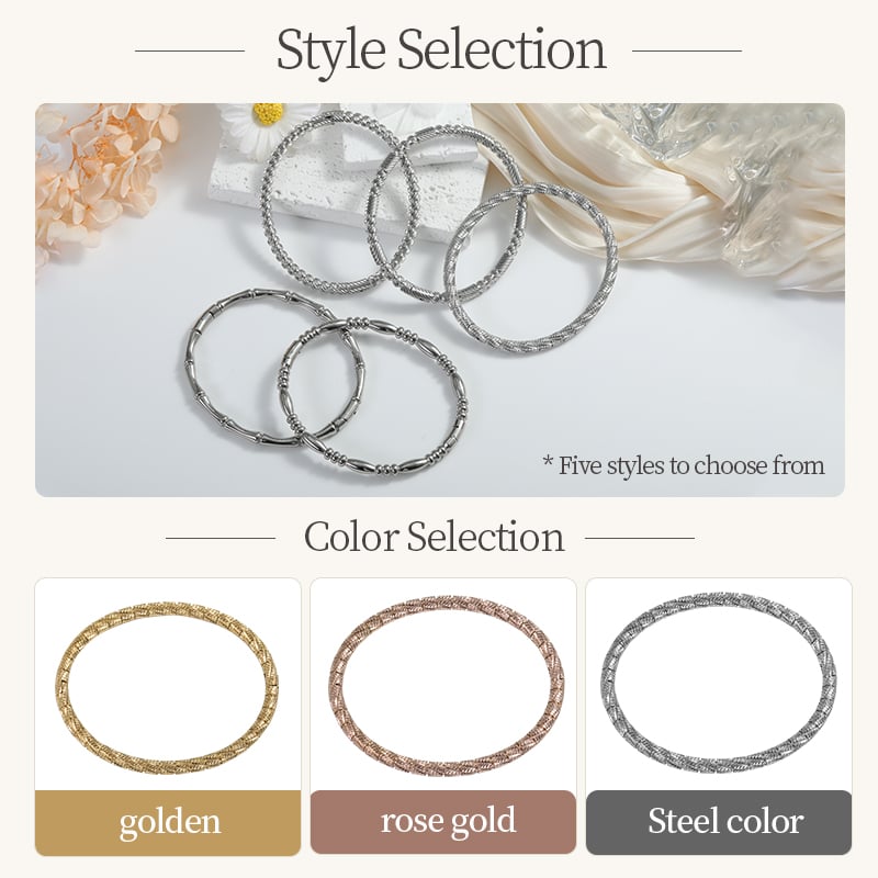 Stainless Steel Bangle Bracelet – 5 Waterdrop Bamboo Styles, Gold Rose Gold & Steel