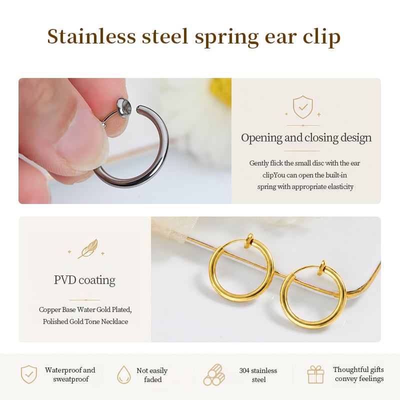 304 Stainless Steel Spring Clip On Hoop Earrings – Non Pierced Minimalist Design