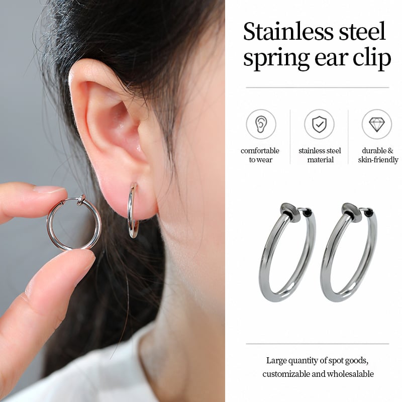 304 Stainless Steel Spring Clip On Hoop Earrings – Non Pierced Minimalist Design