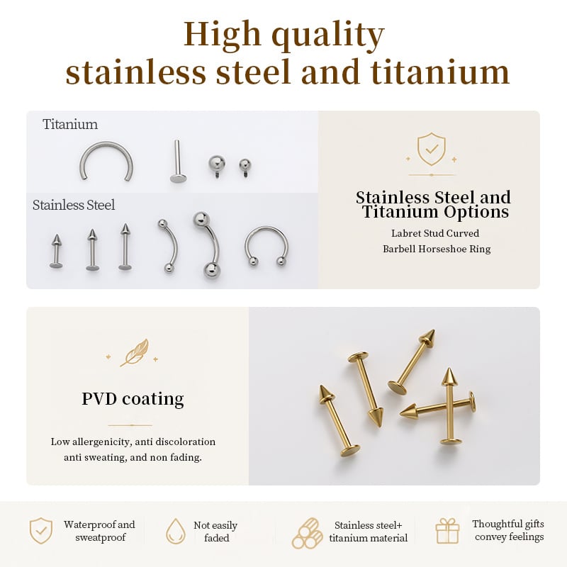 Stainless Steel Lip Jewelry – Labret Stud, Curved Barbell & Horseshoe Ring

