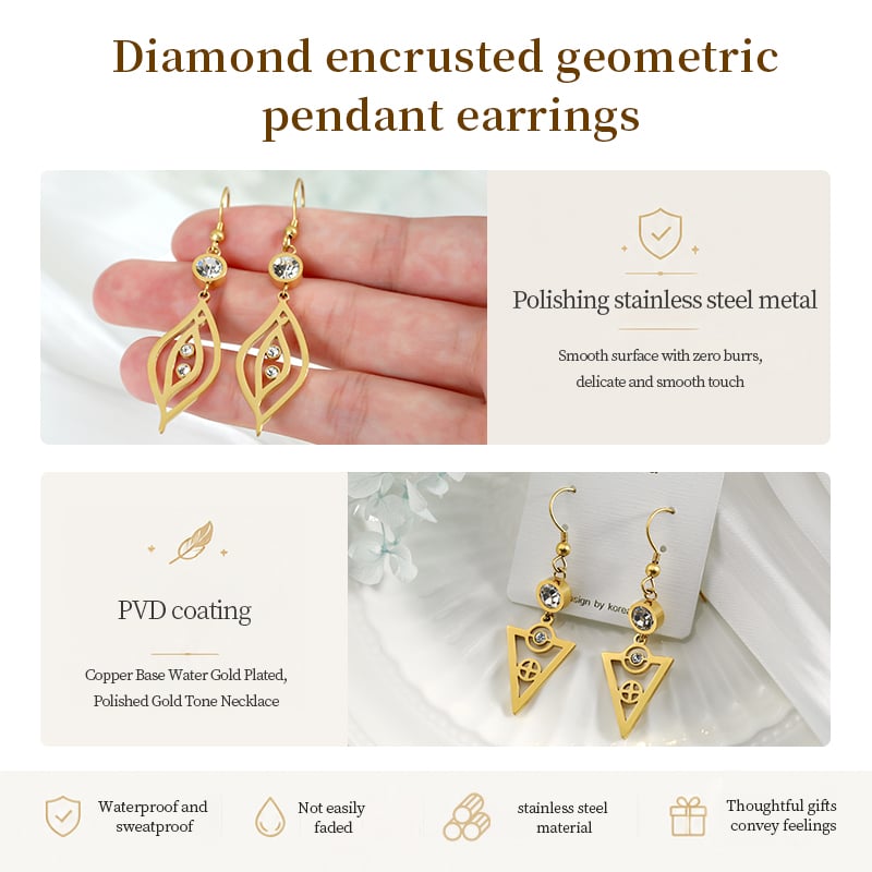 Diamond Geometric Pendant Earrings – Stainless Steel with Sparkling Zircon Inlay