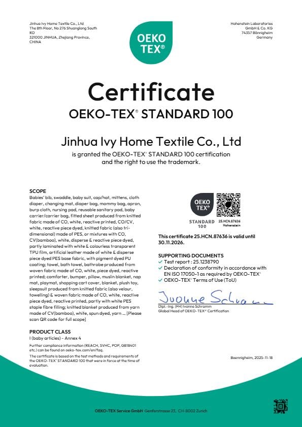 Safety First, Care Always – Ivy Textile Achieves OEKO-TEX® STANDARD 100 Certification (Class 1 for Baby Products)