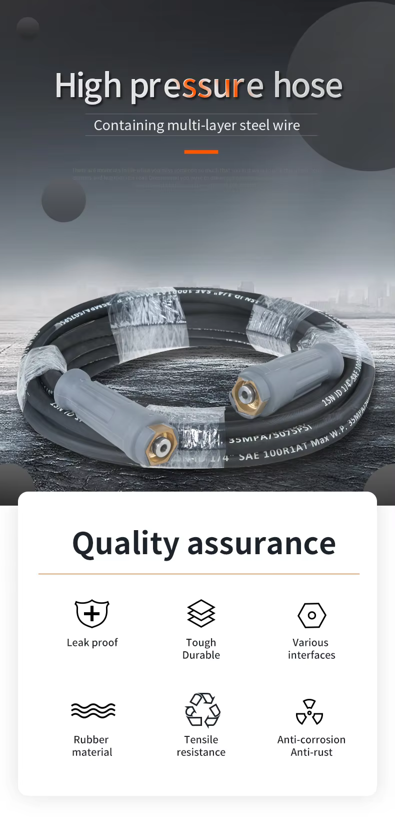 SPS 35 MPA 5075 PSI 33 FT High Pressure Washer Hose 10M K.C. Reverse Thread Quick Connect Rubber Steel Hose supplier