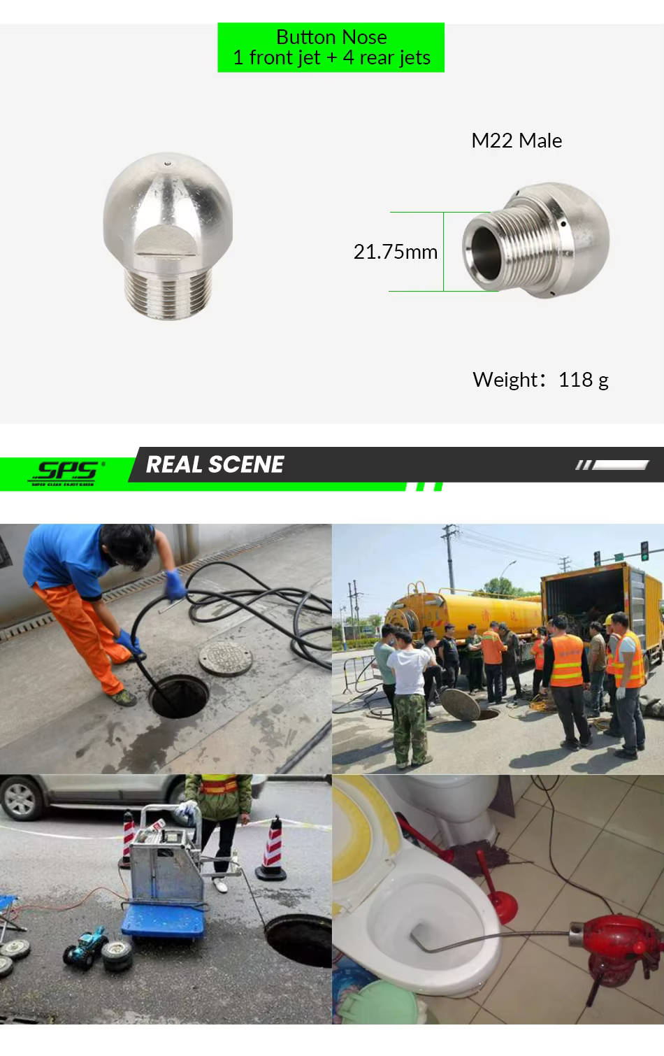 SPS 1/4 Female 3/8 Quick Plug Stainless Steel Sewer Jetting Nozzle Button Nose Pointed Nose Mushroom Nose Copper Inlay factory