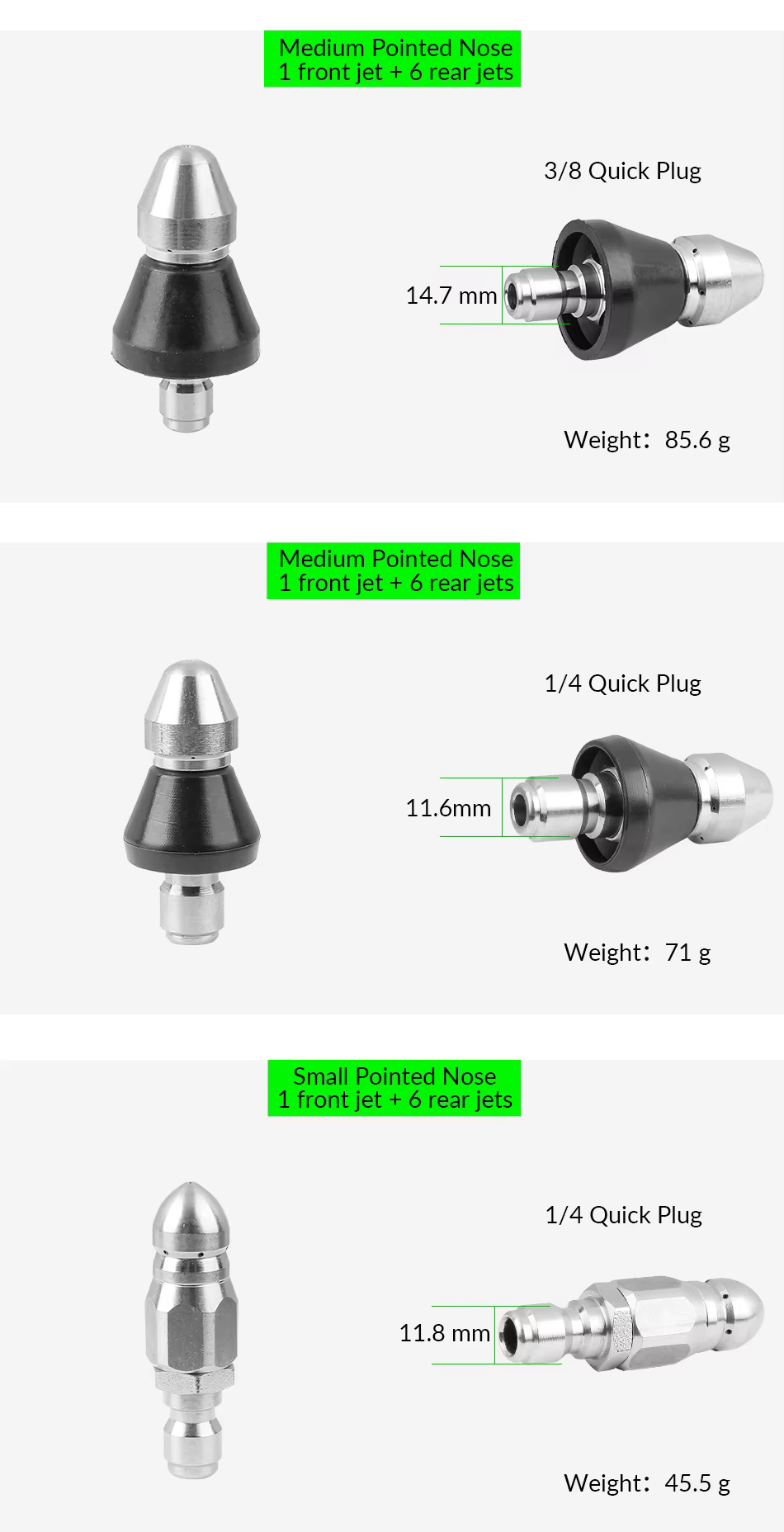 SPS 1/4 Female 3/8 Quick Plug Stainless Steel Sewer Jetting Nozzle Button Nose Pointed Nose Mushroom Nose Copper Inlay details