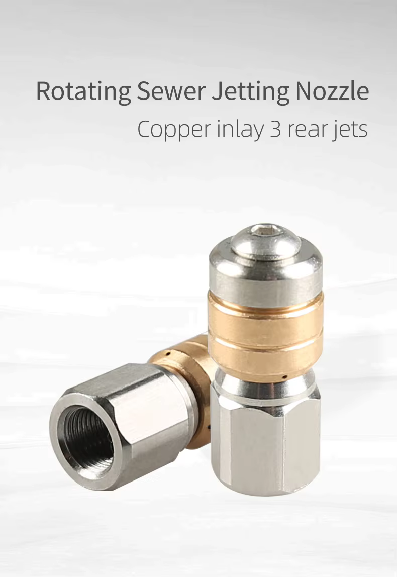 SPS 1/8 Inch Rotating Sewer Jetting Nozzle Stainless Steel Copper Inlay 3 Rear Jets Pipeline Dredging Pressure Wash supplier