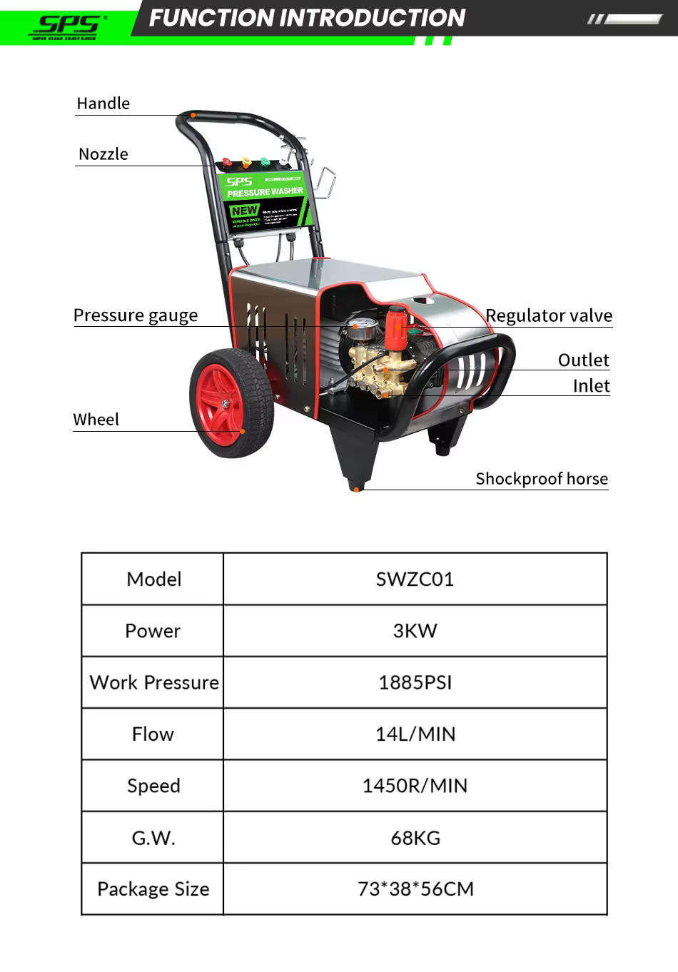 SPS 3000W 130 BAR Portable Pressure Washer 1885PSI Electric High Pressure Power Washer for Car Cleaning factory