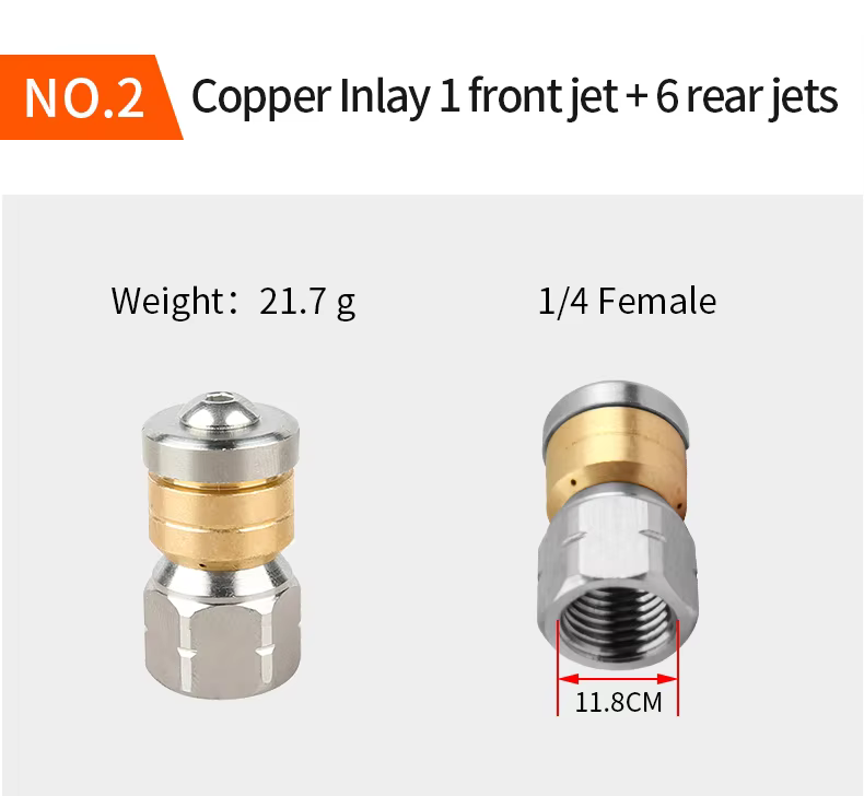 SPS 1/4 Inch Quick Plug Stainless Steel Sewer Jetting Nozzle Button Nose Copper Inlay Pointed Nose 1 Front Jet 6 Rear Jets supplier