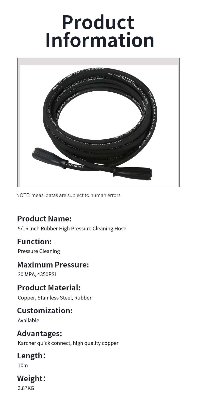 SPS 5/16 Inch 33 FT 4350 PSI 30 MPA High Pressure Rubber Hose Copper Stainless Steel High Pressure Cleaning Hose supplier