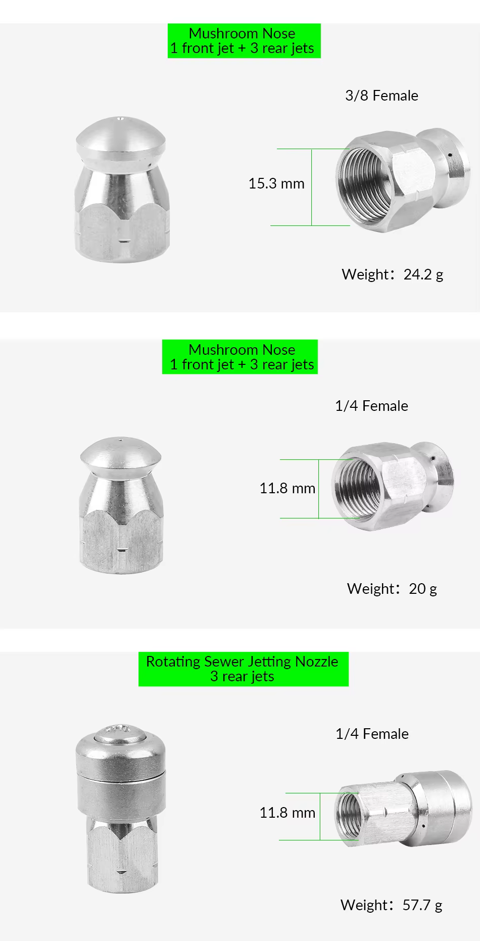 SPS 1/4 Female 3/8 Quick Plug Stainless Steel Sewer Jetting Nozzle Button Nose Pointed Nose Mushroom Nose Copper Inlay manufacture