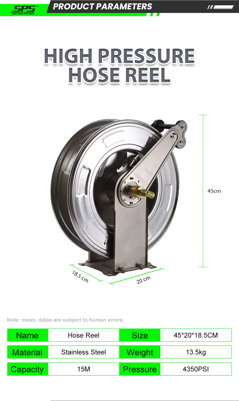 SPS 5000 PSI 50 FT 3/8'' Double Arms Automatic Telescopic High Pressure Washer Hose Reel 304 Stainless Steel Hose Reels factory
