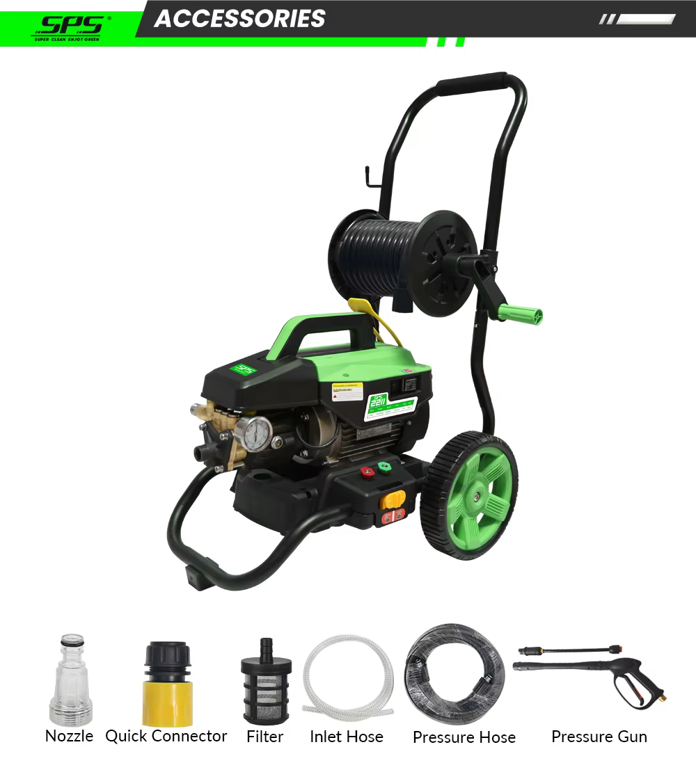 SPS 3000w Portable Automatic 2 in 1 Function 150Bar Car Wash Cleaner Two Wheel Trolley Car Cleaning Machine with 15m Hose Reel factory