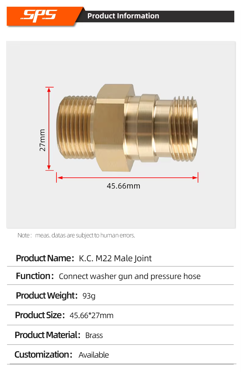 SPS M22mm Male to M22mm Male High Quality Brass Joint High Pressure Washer Coupler Fitting K.C. Adapters manufacture