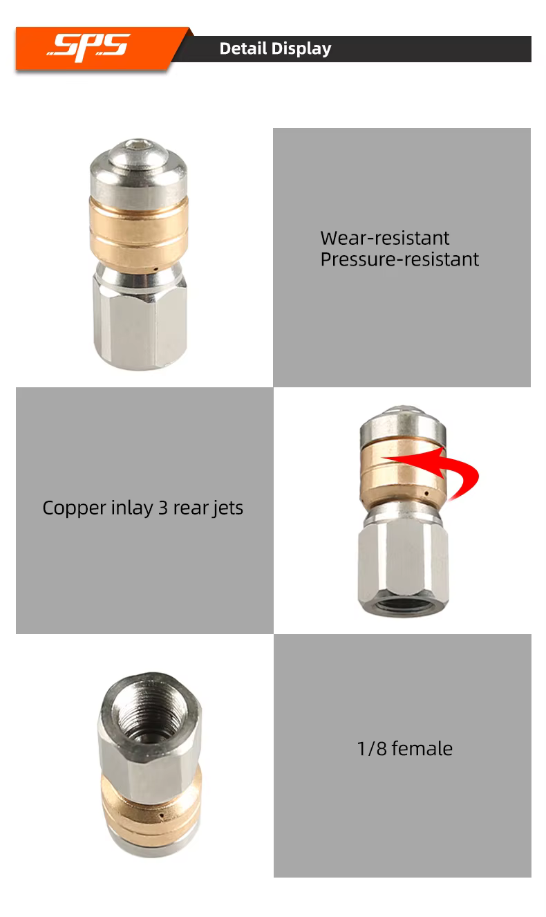 SPS 1/8 Inch Rotating Sewer Jetting Nozzle Stainless Steel Copper Inlay 3 Rear Jets Pipeline Dredging Pressure Wash factory