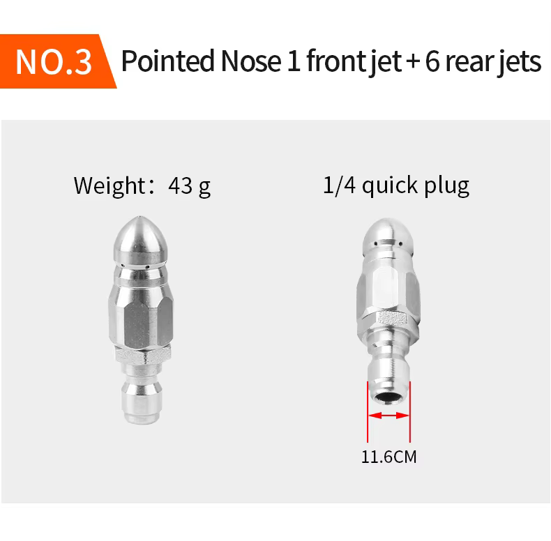 SPS 1/4 Inch Quick Plug Stainless Steel Sewer Jetting Nozzle Button Nose Copper Inlay Pointed Nose 1 Front Jet 6 Rear Jets manufacture